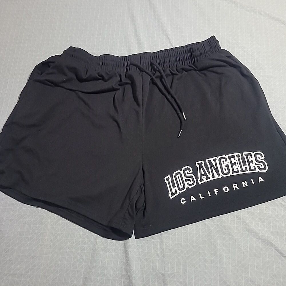 Shein Curves LOS ANGELES CA Graphic Black Shorts Elastic Tie Front Womens 4XL